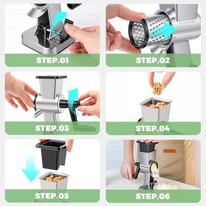 LHS Rotary Cheese Grater Stainless Steel Manual Cheese Shredder Grater Walnuts Grinder with 3 Interchangeable Drum Blades for Chocolate, Cheese and Nuts