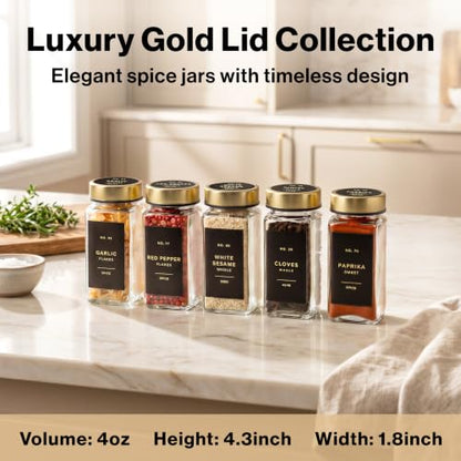 EDELHAUS Glass Spice Jars with Label, 24x Gold Stainless Steel Lids | Airtight Lids keep spices fresh, Kitchen Spice Drawer Organizer, 4oz Seasoning Containers incl. Funnel, Brush & 240 Labels - color: Gold Steel Lid