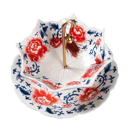 Umbrella Shape Ceramic Tea Strainer - Chinese Blue & White Porcelain Loose Leaf Filter with Rotating Design, Multi-Purpose Tea Infuser for Kung Fu/Coffee/Brewing (Red) - color: Red