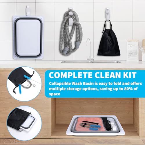 Upgraded CPAP Cleaning Kit, 7 ft Tube CPAP Cleaner Brushes for 15mm, 20mm and 22mm Hoses, CPAP Cleaning Supplies for Hose and Mask, Includes Collapsible Wash Basin, Hose Holder Hangers & Clips