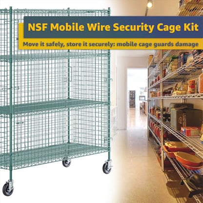 24" x 60" x 70" NSF Heavy Duty Mobile Green Epoxy Wire Shelves with Security Cage Kit, 4 Tier Metal Commercial Storage Rack with Wheels - color: Green, size: 24" x 60" x 70" with Wheels
