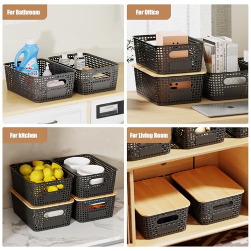 8 Pcs Plastic Storage Bins with Bamboo Lids and Labels 5.29qt Stackable Box Basket Pantry Decorative Containers, Small Storage Baskets for Desktop Organizing Shelves Bedrooms Cabinets 10*7.2*4.1" - style: Black-Bamboo Lid