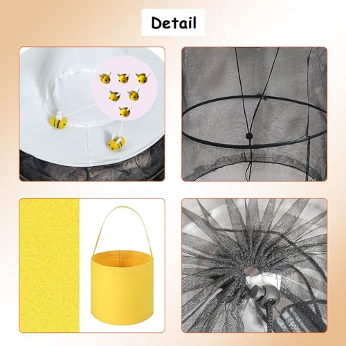 18Pcs Beekeeper Set Including 1Pc Bee Hat and Veil, 6Pcs Wool Felt Bee,10Pcs Double Side Tape and Yellow Felt Bucket for Men Women Beekeeping Supplies Halloween Costume
