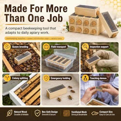 Toddmomy Wooden Bee Cage 5 Pack Beekeeping Tool with Ventilated Wire Mesh for Safe Queen Rearing and Hive Management - size: 6.00X2.00X2.00CM