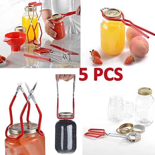5PCS Canning Supplies Canning Kit, Canning Essentials Set Include Tongs, Wide Mouth Funnel, Jar Lifter, Jar Wrench, Magnetic Lid Lifter, Stainless Steel Anti-Scald Clip Suit (Red) - color: Red