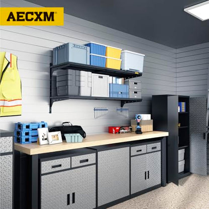 Aecxm 1pack×2 Tier 1.3x4ft Garage Shelving Wall Mounted, 260lbs Load Capacity，15.6x48inch per Shelf Height Cassette Adjustable Floating Shelves, Black - color: Black, size: 2pack-1.3x4ft
