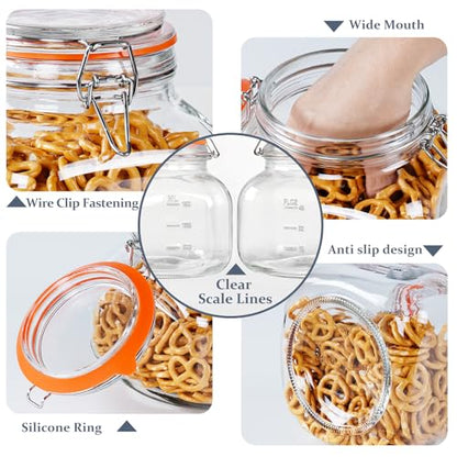 Large Glass Jars with Airtight Lid, 2 Pack Glass Food Storage Jars with 2 Scale Marks, Square Glass Canisters for Flour, Cereal, Coffee, Pasta, Cookies, Pickle, 0.6 Gallon Wide Mouth Mason Jars