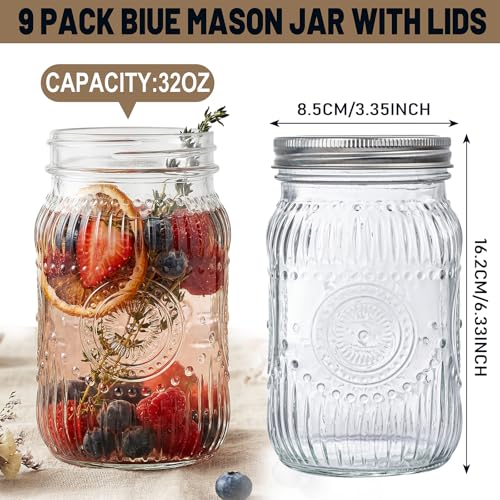SUT Clear Wide Mouth Mason Jars 32 oz,9 Pack Quart Mason Jars With Airtight lids and Bands,Clear Canning Jars 32 oz for Preserving,Meal Prep,Overnight Oats - color: Flower