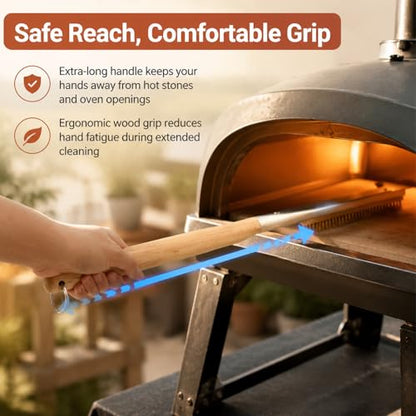 21'' Pizza Oven Brush with Scraper, Brass Bristles Pizza Stone Cleaning Brush with Long Handle and Hanging Loop for BBQ Grill Cleaning, Include 2 Brush Heads