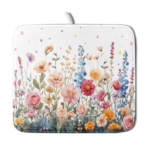 Colorful Flower Dish Drying Mat 16x18 Inch Botanical Floral Drainer Rack Mats Washable Absorbent Dish Dry Pad for Kitchen Counter Sink - color: Colorful Flower, size: 16" x 16"