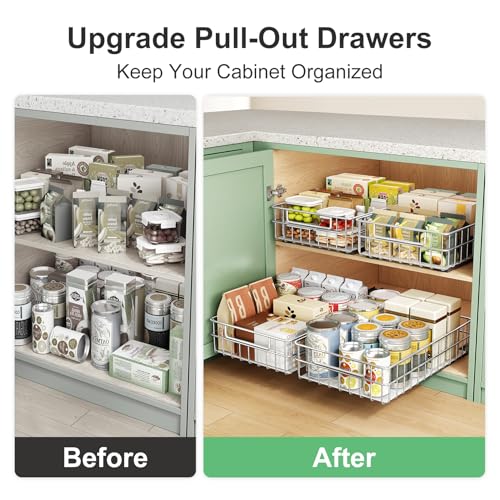 Pull out Cabinet Organizer, Stainless Steel 2-Pack Slide out Drawer with Silent Full-Extension Slides, Adhesive Roll out Can Spice Storage Basket Shelf Rack for Pantry, Kitchen, Bathroom, Home Closet - size: (11.8"W x 16.5"D x 4.7"H)