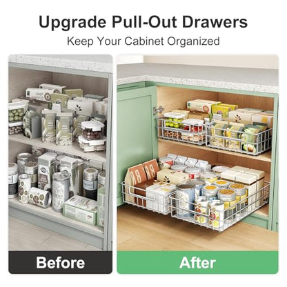 Pull out Cabinet Organizer, Stainless Steel 2-Pack (9.8"W x 16.5"D) Full-Extension Slide out Drawer, Adhesive Roll out Can Spice Storage Basket Shelf Rack for Pantry, Kitchen, Bathroom, Home Closet - size: (9.8"W x 16.5"D x 4.7"H)