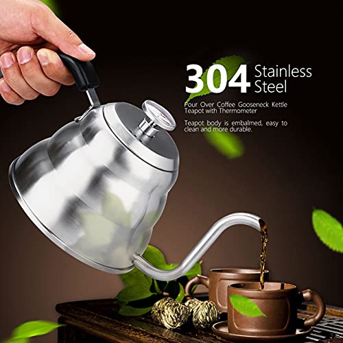 Pour over Coffee Kettle, Gooseneck Kettle, 304 Stainless Steel Coffee Gooseneck Kettle with Thermometer Easy Pour Teapot for Home Brewing(1.2L-White)
