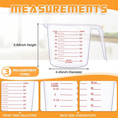 TOODOO 12 Pcs 4 Cup/32 oz Measuring Cups Capacity Clear Plastic Measuring Cups with Spout and Handle Grip 1000 ml Marking for Oil Flour, Water, Liquid, Ingredient