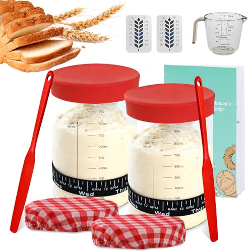 34oz Sourdough Starter Jar Kit,Wide Mouth Sourdough Starter Container with Feeding Tracking Band, Silicone Spatula&Sourdough Starter Kit-Baking Supplies(2 pack). (Red) - color: Red