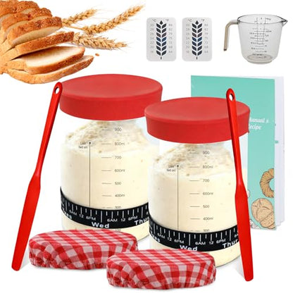34oz Sourdough Starter Jar Kit,Wide Mouth Sourdough Starter Container with Feeding Tracking Band, Silicone Spatula&Sourdough Starter Kit-Baking Supplies(2 pack). (Red) - color: Red