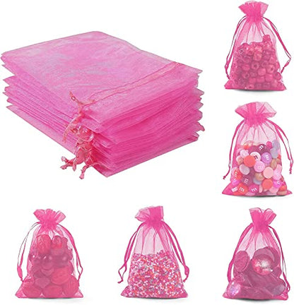 ANZNKU 50 Pack Hot Pink Organza Bags 5 x 7 inch, Small Mesh Drawstring Gift Bags, Jewelry Pouches Small Mesh Bag for Candy Party Wedding Favor & Easter Gifts - color: Hot Pink