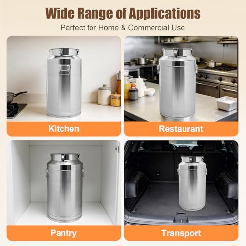 Stainless Steel Milk Can, 88L/23.3Gal Storage Bucket Airtight Canister with Lid, Wine Oil Beverage Storage Container for Kitchen Restaurant Party, W15.8*H29.1in - size: 88L/23.3Gal w/o Faucet