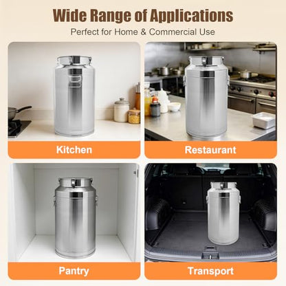 Stainless Steel Milk Can, 88L/23.3Gal Storage Bucket Airtight Canister with Lid, Wine Oil Beverage Storage Container for Kitchen Restaurant Party, W15.8*H29.1in - size: 88L/23.3Gal w/o Faucet