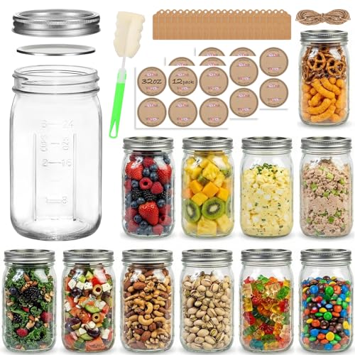 32 oz Wide Mouth Mason Jars with Airtight Lids and Bands, 12 Pack Quart Glass Canning Jars for Pickling, Meal Prep, Overnight Oats, Storage & DIY Crafts