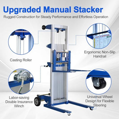 122" Material Lift Winch Stacker, 400 lbs Capacity Manual Material Lifts, Adjustable Straddle Material Lifter, Hand Winch Lift Trucks for Warehouse, Factory, Lightweight, 42.90" L x 43.30" W - color: Blue Adjustable Legs