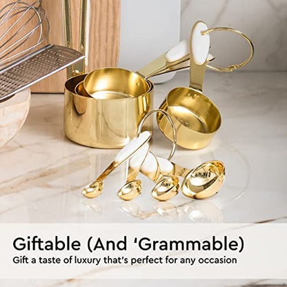 White and Gold Measuring Cups and Spoons Set – 8-Piece Stackable Stainless Steel Measuring Set – Stylish Gold Kitchen Accessories for Precise Baking and Cooking, Ideal Gift for Bakers and Chefs - color: White