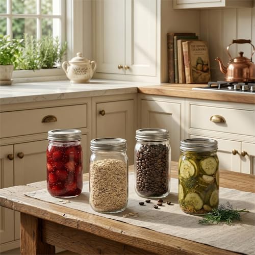 Wide Mouth Glass Mason Jars, 32oz, Pack of 4 | Airtight Lids, Measurement Marks, Food Storage Containers, For Overnight Oats, Canning, Fruit Jams & Meal Prep