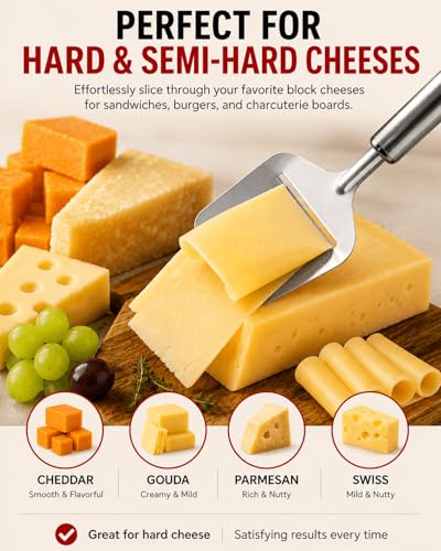 Stainless Steel Cheese Slicer for Block Cheese, Cheese Plane Cutter | No Wires to Replace • Smooth Cutting • Easy to Use • Ideal for Charcuterie Boards • Less Food Waste • Dishwasher Safe