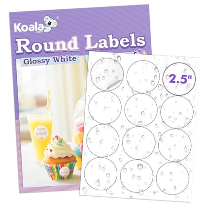 Koala Round Labels 2.5 Inch, Glossy Waterproof Printable Circle Stickers for Inkjet and Laser Printer, 240 Circle Labels for Brand Logo, Bottle, Jar