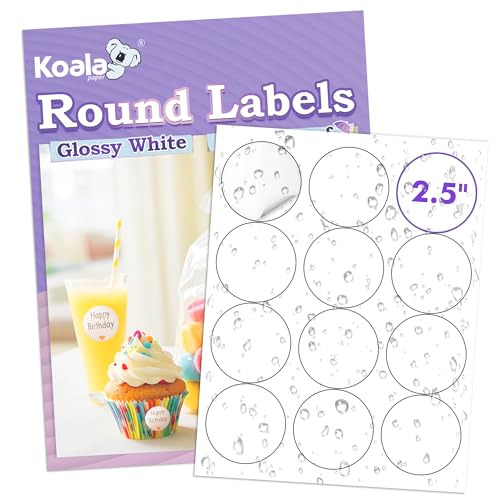 Koala Round Labels 2.5 Inch, Glossy Waterproof Printable Circle Stickers for Inkjet and Laser Printer, 240 Circle Labels for Brand Logo, Bottle, Jar