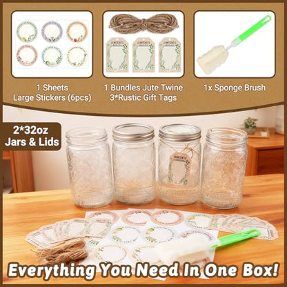 32 oz Mason Jars with Stainless Steel Split Lid, 2-Pack – Wide Mouth Quart Glass Canning Jars, Airtight Seals for Food Storage, Fermenting, Pickling, Kimchi & Sourdough Starter - color: Clear01-32OZ