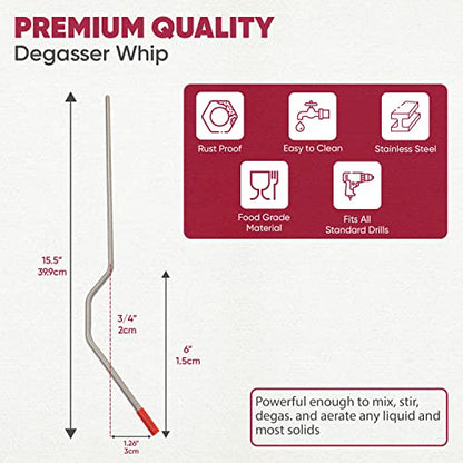Wine Beer Degasser Whip for Wine Making | 15.5” Stainless Steel 316 - Drill Mixer Rod Attachment Wand | Winemaking, Brewing, Mead, Kombucha, Lees Supplies | Mixing Stirring, De-gassing, Agitator Tool
