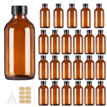 4oz (24 Pack) Amber Boston Round Glass Bottles with Black Caps-Includes Funnel & Stickers,Brown Airtight Refillable Containers for Essential Oils,Tinctures,Vanilla Extract, Home Brewing,DIY Storage