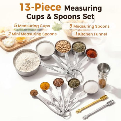 13PCS Stainless Steel Measuring Cups and Spoons Set with Funnel, Stackable Metal Measuring Cup and Spoon Set for Baking Cooking, Dishwasher Safe Kitchen Tools with for Dry & Liquid Ingredients