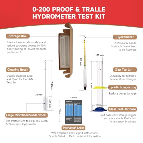 Alcohol Hydrometer Meter Test Kit 0-200 Proof & Tralle,with Glass Test Jar,Accurate Tester & Glass Cylinder for Proofing Distilled Spirits & Moonshine Alcoholmeter Testing Set,HDRELEODY