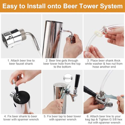 5FT PVC Beer Line & Stainless Beer Tower Faucet Beer Shank Kit, Self-Closing Beer Faucet Kegerator Tower Faucet Replacement Parts with 3/16'' ID Kegerator Line Beer Tap Cleaning Brush Cover Wrench Kit