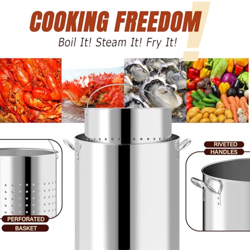 60QT Seafood Boil Pot with Detachable Stirring Paddle, Stainless Steel Stock Pot, Crawfish Boiler with Basket, Lid & Lifting Hook, Perfect for Outdoor Crab, Lobster & Shrimp Boils - style: 60QT+Mixing Paddle