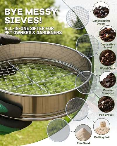 5-in-1 Soil Sifter Set with 5 Replaceable Stainless Steel Mesh Screen & Shovel (1/8" - 1/2"), Soil Sifter for Soils, Compost, Bonsai etc. (11-5/8" Diameter) (15-in-1 Sets)
