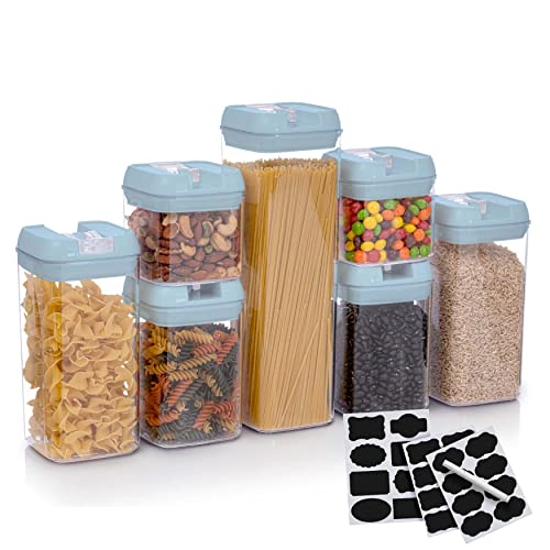Set of 7 Airtight Food Storage Containers - Pantry Organizer Bins, BPA Free Plastic Containers plus Dry Erase Marker and Labels, Blue - color: Blue