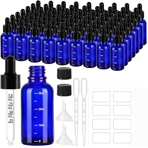 UPBUD 63 Pcs 1oz Blue Glass Dropper Bottles with Measurement, 30ml Leakproof Tincture Bottles with Funnels, Eye Droppers, Extra Caps & Labels, Refillable Empty Bottles for Tinctures, Essential Oils - color: Blue-1oz, size: 1oz
