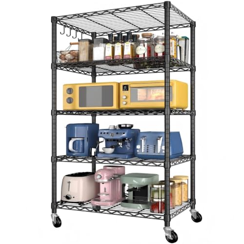 Wire Storage Shelves with Wheels: 5 Tier Adjustable Metal Shelving Unit, NSF Heavy Duty Kitchen Bakers Rack, Rolling Pantry Shelf Organizer for Closet, Laundry, Garage, 24" W x 18" D x 75" H - size: 24"W x 18"D x 75"H