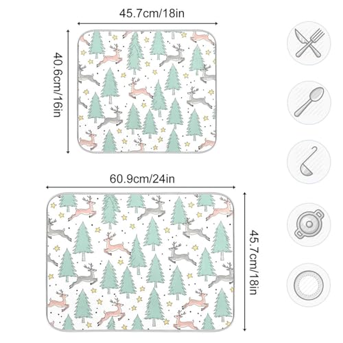 Winter Deer Tree Stars Dish Drying Mat for Kitchen Counter Super Absorbent Draining Mat with Non-slip Backed Coffee Mat for Dish Bottles Cups Bowl Sinks Countertops Draining Racks