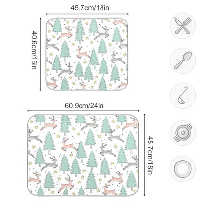 Winter Deer Tree Stars Dish Drying Mat for Kitchen Counter Super Absorbent Draining Mat with Non-slip Backed Coffee Mat for Dish Bottles Cups Bowl Sinks Countertops Draining Racks