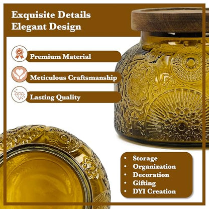 Amber Glass Storage Jar with Airtight Wooden Lid - 25.4 oz Decorative Kitchen Canister for Coffee, Cookie, Candy, Spices & Home Decor - size: 25.4 Ounces, style: Amber Flower