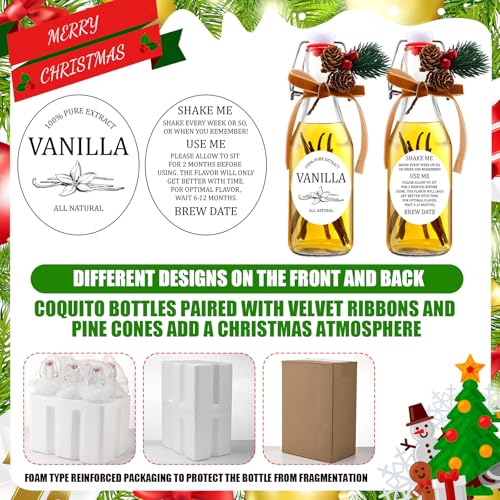Sieral 9 Sets Vanilla Extract Bottles Clear Swing Top Glass Bottles for Gift Giving Homemade Vanilla Extract Jar Funnel Rope Labels for New Year Brewing Oil Beer Tea DIY Supply (Round Stickers,8 oz) - size: 8 oz, style: Round Stickers
