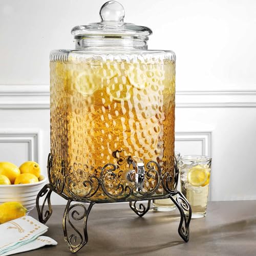 5 GALLON Drink dispenser, Glass Beverage Dispenser With Elegant Stand, Large Water Drink Dispensers for Parties With 100% Leak Proof Spigot, Ideal for Lemonade,Juice, Tea, and Party Drinks - color: Clear-5 Gallon&Stand