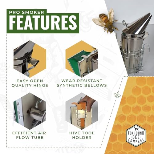 Foxhound Bee Co Stainless Steel 12.5-inch Pro Smoker for Beekeeping with Heat Chamber, Burn Shield, Green Bellow and Heavy Duty Features for Producing Smoke when Working Bee Hives (Large)
