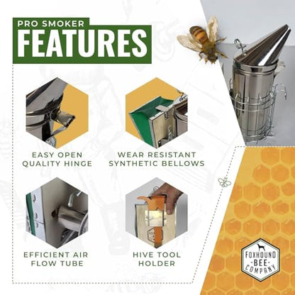 Foxhound Bee Co Stainless Steel 12.5-inch Pro Smoker for Beekeeping with Heat Chamber, Burn Shield, Green Bellow and Heavy Duty Features for Producing Smoke when Working Bee Hives (Large)