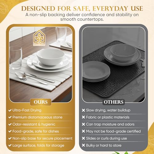 Upgraded Micro Groove Stone Dish Drying Mat for Kitchen Counter, White 24"(L)x16"(W) Large Kitchen Drying Mat, Diatomaceous Earth Stone Mat, Collapsible Dish Drying Mat