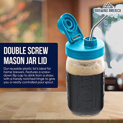 Brewing America Glass Mason Jar Pitcher with Lid, 1 Quart (32 oz) with Teal Wide Mouth Pour Lid, for Smoothie, Boba Cup, Sun Tea, Cold Coffee Glass Tumbler, 2-Pack - color: Teal